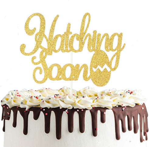 Hatching Soon Pregnancy Cake Topper, Double Sided Gold Glitter Farm Themed Dinosaur Baby Shower Decorations
