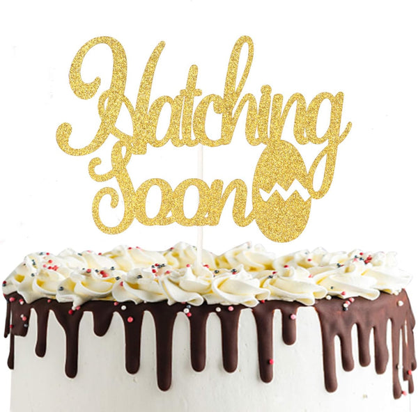 Hatching Soon Pregnancy Cake Topper, Double Sided Gold Glitter Farm Themed Dinosaur Baby Shower Decorations