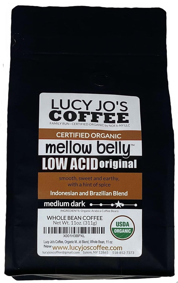 Lucy Jo's Coffee Organic Mellow Belly Low Acid Blend, Medium Dark Roast, Whole Bean, 11 oz