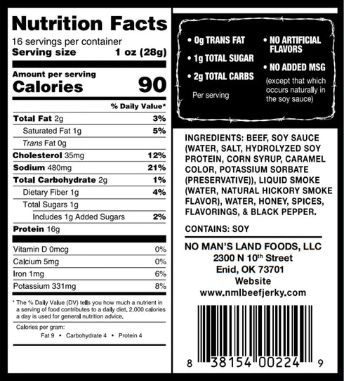 16oz (Pack 1) No Mans Land Beef Jerky - Low Calorie, Low Carb, High Protein Beef Snack - Flavor BLACK PEPPER