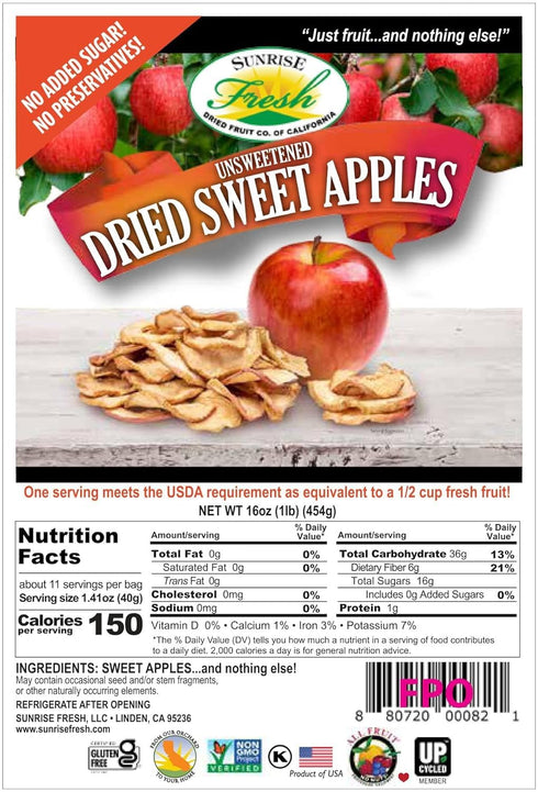 '-1 lb Sunrise Fresh No Sugar Added Dried Sweet Apples: Gluten-Free, Low-Calorie, No Preservatives, Unsulfured