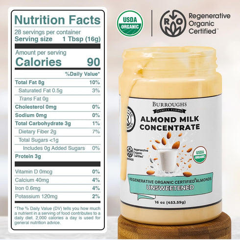 16 Oz 28 Burroughs Family Farms USDA Organic Almond Milk Concentrate, First Regenerative Organic Certified Farm