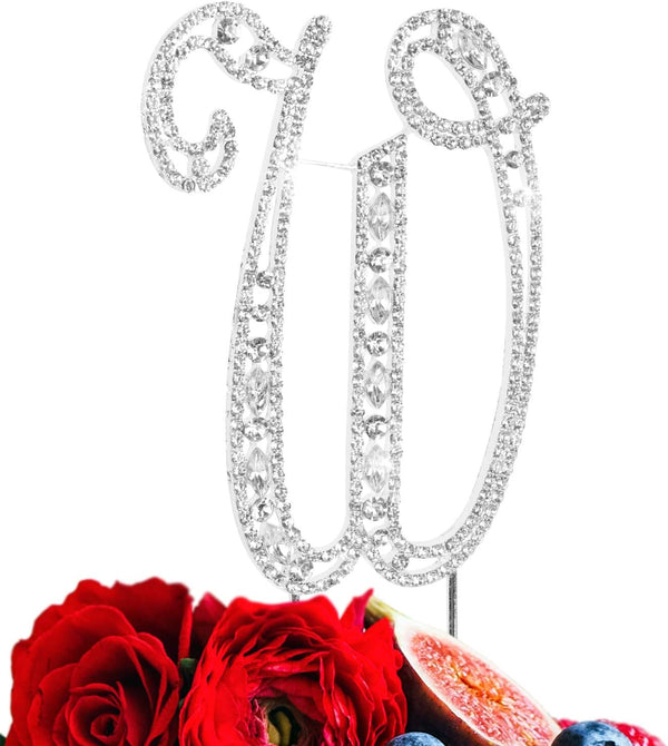 Letter W Cake Topper, Rhinestone Crystal Silver Letter for Wedding or Birthday Party Decoration Supplies