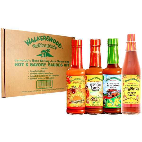 Walkerswood Hot & Savory Sauce Kit - 1 x 6oz Fire Stick, 1 x 6oz Hot JonKanoo, 1 x 6oz Zesty Caribbean, 1 x 6oz Las'Lick
