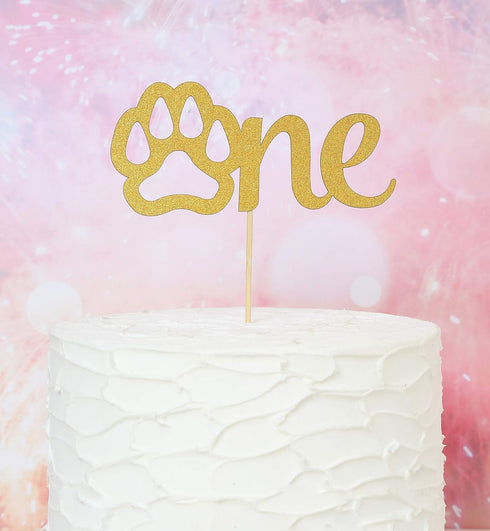 Gold Paw One Cake Topper - Golden Glitter Cardstock 1st Birthday Cake Smash Party Decoration for Baby