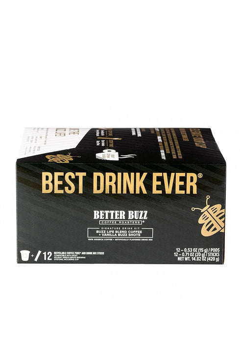 24ct.,12 12 Packs, Better Buzz Best Drink Ever Vanilla Latte Single Serve Kit Medium Roast Coffee Pods (Buzz Life)