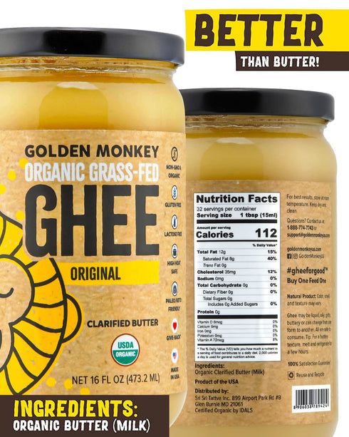 (16oz) GOLDEN MONKEY Organic Ghee Butter Grass Fed Clarified Butter for Cooking, Baking, Keto & Gut Health Ghee Butter