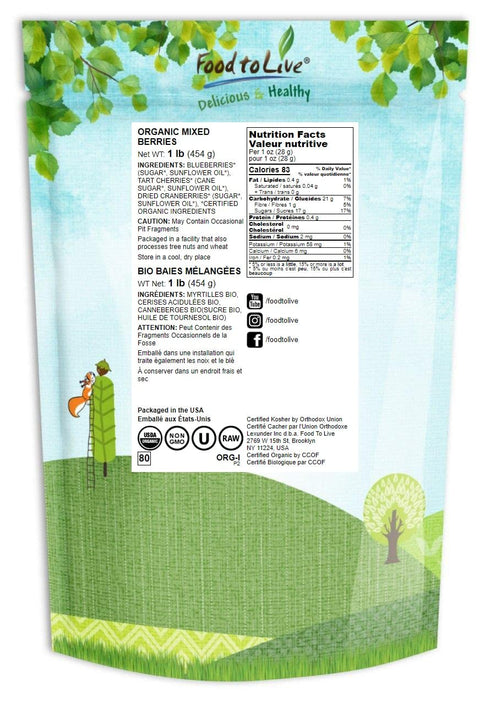 1 Organic Mixed Berries, Pound Non-GMO Dried Blueberries, Cranberries, and Tart Cherries, Kosher, Lightly Sweetened