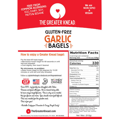 (12 Greater Knead Gluten Free Bagel - Garlic - Vegan, non-GMO, Free of Wheat, Nuts, Soy, Peanuts, Tree Nuts bagels)