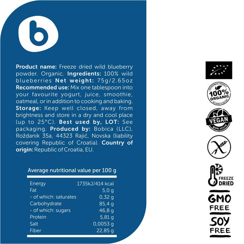 Organic Wild Blueberry Powder - High in Anthocyanins & Polyphenols, from Freeze Dried Blueberries, 2.65oz