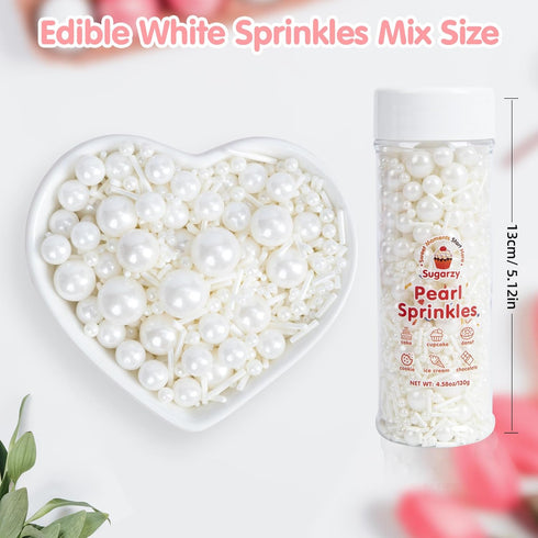Jimmies 130g/4.58oz,Baking Edible White Sprinkles for Cake Decorating,Edible Pearl Sugar Mix Size Candy