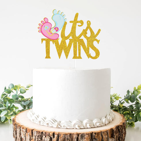LHCING 1st It's Twins Gender Reveal Cake Topper - Baby Birthday Loveable Gold Glitter Footprints Cake Topper - Gender
