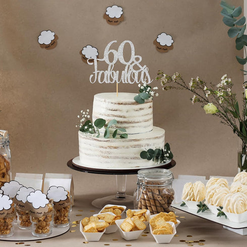 Silver Glitter 60 & Fabulous Cake Topper, 60th Birthday/Anniversary Decoration