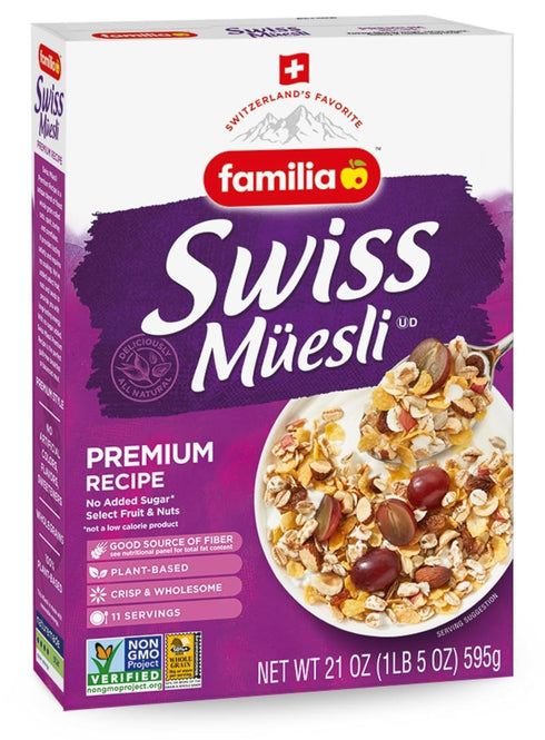0g 21 (Pack 1) Familia Swiss Muesli Cereal, Premium Recipe with Spelt Flakes, Krispies, Fruit and Nuts, Added Sugar