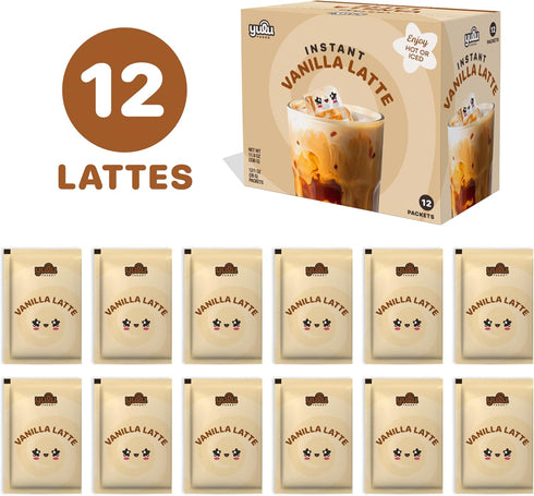 (12 8.47 oz) 3-in-1 YULU FOODS Vanilla Instant Latte Mix Servings, | Vanilla Powder with Creamer & Sugar | Non-Dairy |