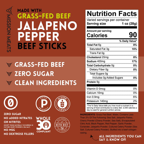 100% 30 1oz (24ct) Mission Meats Beef Sticks Grass Fed & Pasture Raised, Sugar Free, Individually Wrapped Healthy