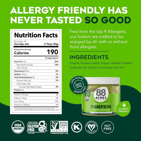 88 14 oz 2 Pack, 8g Acres Organic Pumpkin Seed Butter, Jar, Butter Spread with Plant-Based Protein, Gluten Free, Nut