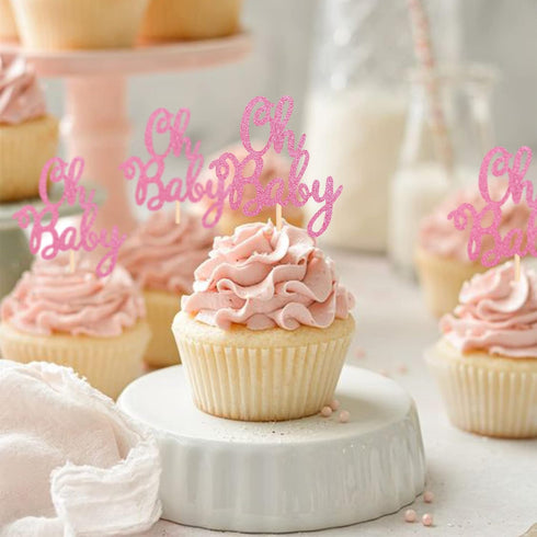 36 PCS Oh Baby Cupcake Toppers - Glitter Baby Shower Cupcake Picks Decorations for Kids Birthday Party Supplies (Pink)