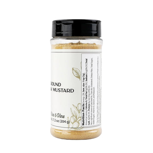 (7.2 Olive & Vine Yellow Mustard Ground, Tangy Flavor, For Sauces & Dressings, Rich Tradition, Authentic Taste