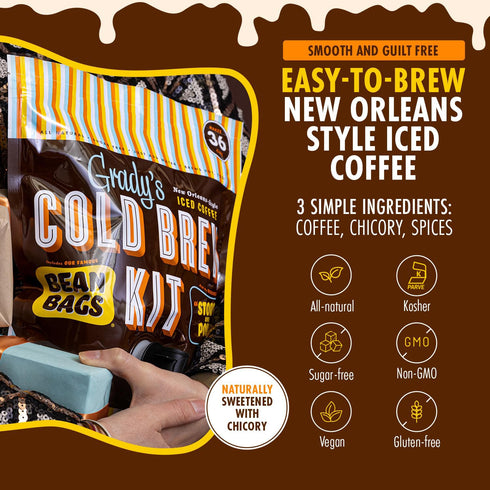 100% 12 36 GRADYS COLD BREW, New Orleans Style, Arabica Ground Coffee & Chicory Pouches, All-in-One Cold Brew Kit