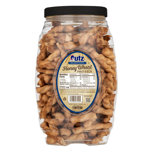 24 oz (2 Count) Utz Braided Honey Wheat Pretzel Twists Barrel Sweet Honey Taste, Thick, Crunchy Pretzel Twists, Perfect