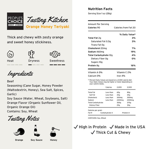 8g 1 (16 oz) Peoples Choice Beef Jerky Tasting Kitchen Orange Honey Teriyaki Sweet & Savory Protein Made in USA Pound