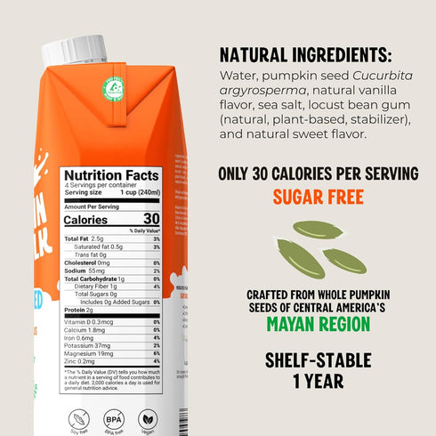 30 0g Whole30 32 oz (6 Pack) Tori Pumpkin Seed Milk, Unsweetened Only Calories, Sugar | Plant-Based, No Emulsifiers, No