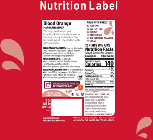 1 (33.8 Oz), Master of Mixes Blood Orange Margarita Drink Mix, Ready To Use, Liter Bottle Fl Individually Boxed