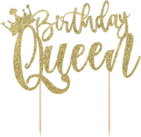 Handmade Glitter Queen Cake Topper, Happy Birthday Cake Bunting Decor, Party Decoration Supplies in Gold