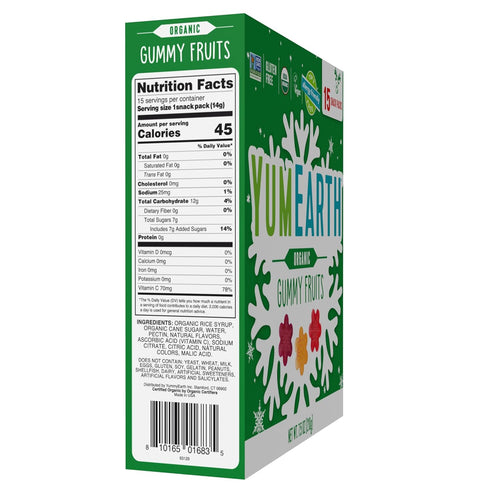Gummy 15ct YumEarth Holiday Organic Fruits Box Allergy Friendly Christmas Candy, Dye Free, Gluten Free, Non GMO Fruit
