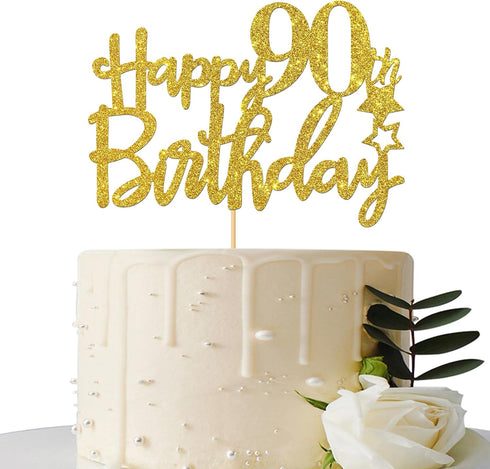 Gold Glitter Happy 90th Birthday Cake Topper, Cheers to 90 Years Party Supplies Decoration