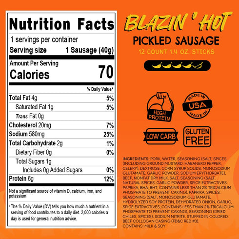 12 Pack Long John Snacks Blazin' Hot Pickled Sausage - Smoked Gourmet Meat Stick - Hot Pickled Sausages High Protein