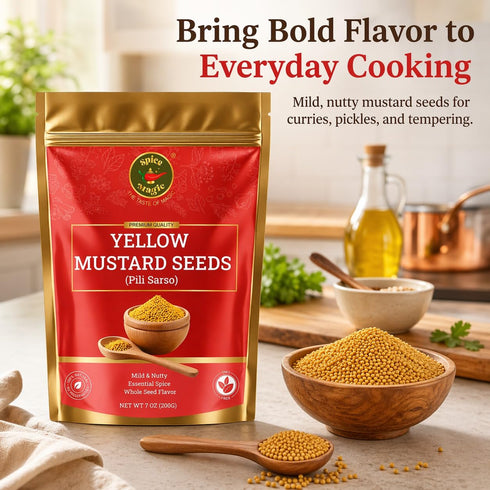 7oz 100% Spice Magic Yellow Mustard Seeds Whole I Perfect for Ground Mustard Cooking, and Pickling | Natural