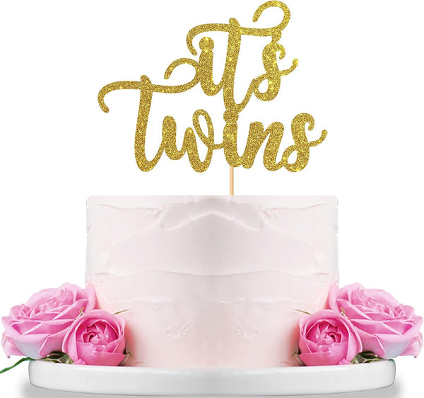 Gold Glitter Cake Topper It's Twins for Baby Shower, Gender Reveal, 1st Birthday Party Decorations, 6 Months