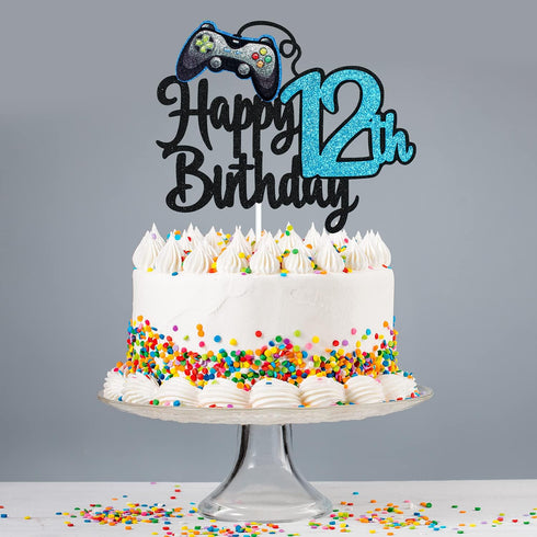 Video Game Happy 12th Birthday Cake Topper - Blue Cake Supplies for Boy's 12th Birthday Party - Game On Level Up