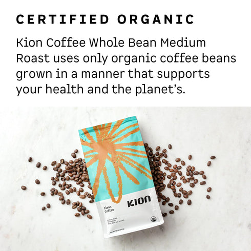 12 Oz (1 Pack) Kion Organic Whole Bean Coffee, Tested for Toxins, Ethically Sourced, Rich, Bold, and Smooth, Medium