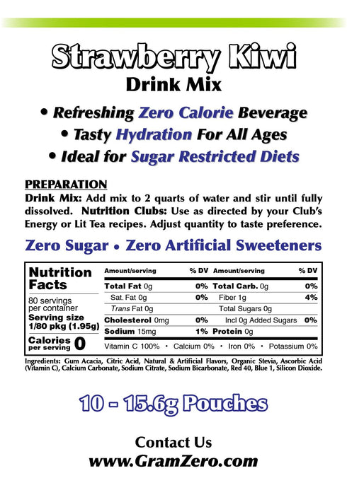GramZero Strawberry Kiwi Sugar Free Drink Mix, Pitcher Pack - Zero Calorie, Stevia Sweetened - Great for Nutrition Club