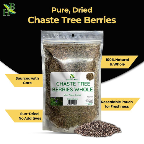 4oz, Herb To Body Chaste Tree Berry Whole Wildcrafted and Dried Vitex Berry for Chasteberry Tea for Womens Wellness