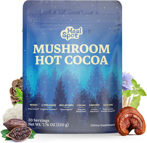 Mushroom Cocoa Sleep Supplement with 6-Mushroom & Adaptogens, Keto Superfood Hot Chocolate