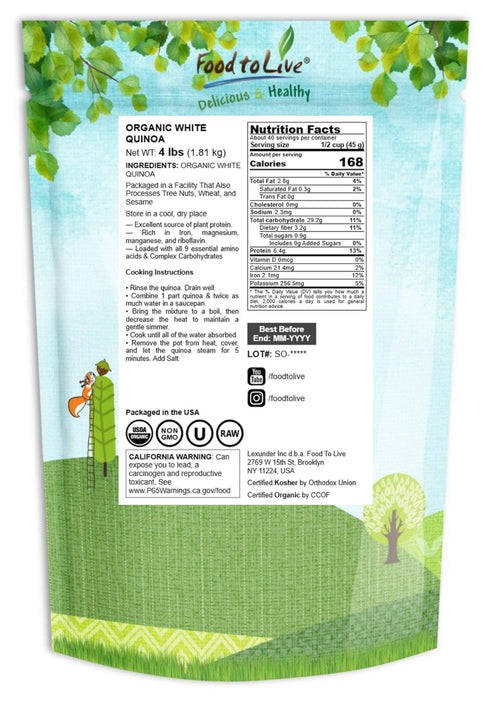 4 Food to Live Organic White Quinoa, Pounds Whole Grain, Non-GMO, Kosher, Raw, Vegan, Sirtfood, Bulk