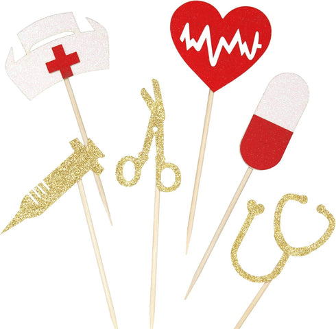 24pcs Nursing Cupcake Toppers, Glitter Medical RN Themed Cake Picks for Graduation Party Decorations