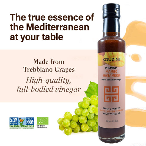 250ml Kouzini Ultra Premium Mango Habanero White Balsamic Vinegar, Aged Balsamic Vinegars from Modena, Italy, Premium