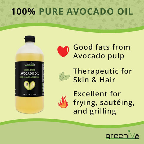 100% (32 GreenIVe Avocado Oil Naturally Grown Pure Natural without Additives, Clean, Cold Pressed, Non-GMO, Vegan: