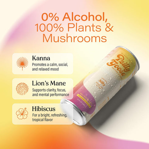 12 oz (4 Packs) Adaptogen Drink Silly Non-Alcoholic Drink & Sparkling Mocktail with Kanna & Lions Mane for Mood, Focus