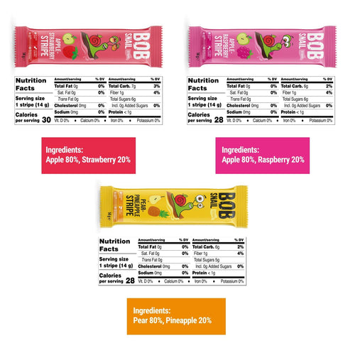 30 Pack BOB SNAIL Healthy Fruit Snacks for Kids and Adults Fruit Leather Snacks with Apple, Banana, Strawberry Vegan