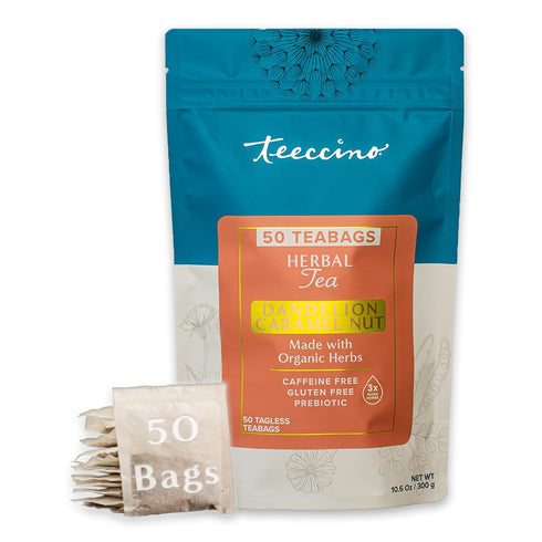 Teeccino Dandelion Caramel Nut Tea - Caffeine Free, Roasted Herbal Tea with