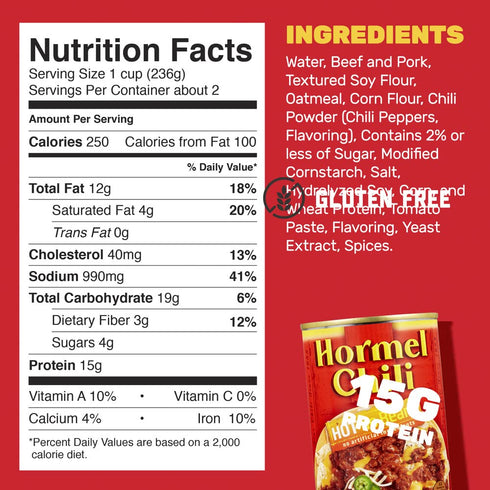 15 Oz HORMEL Chili Hot No Beans, No Artificial Ingredients