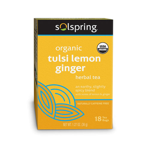 Dr. Mercola Solspring Organic Tulsi Lemon Ginger Herbal Tea, 18 Tea Bags, Naturally Caffeine Free