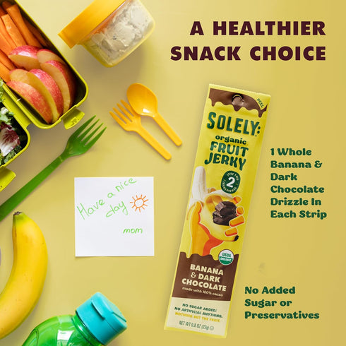12 0.8oz (23g) SOLELY - Organic Banana Chocolate Drizzled Fruit Jerky - Individually Wrapped Strips - Fruit Leather