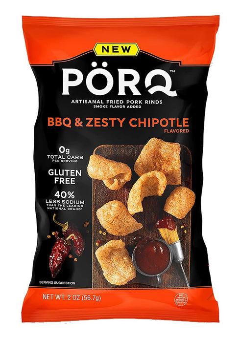2 OZ (Pack 3) PORQ Artisan Fried Pork Rinds- BBQ & Zesty Chipotle, Keto Friendly Snack